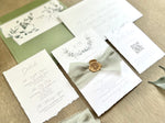 Monogram Laurel Wreath Wedding Invitation with Muted Sage Green Chiffon Ribbon & Wax Seal with Deckled Edging