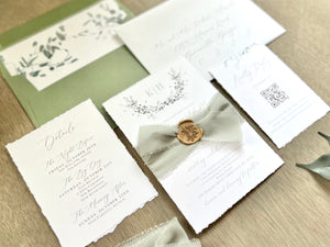 Monogram Laurel Wreath Wedding Invitation with Muted Sage Green Chiffon Ribbon & Wax Seal with Deckled Edging