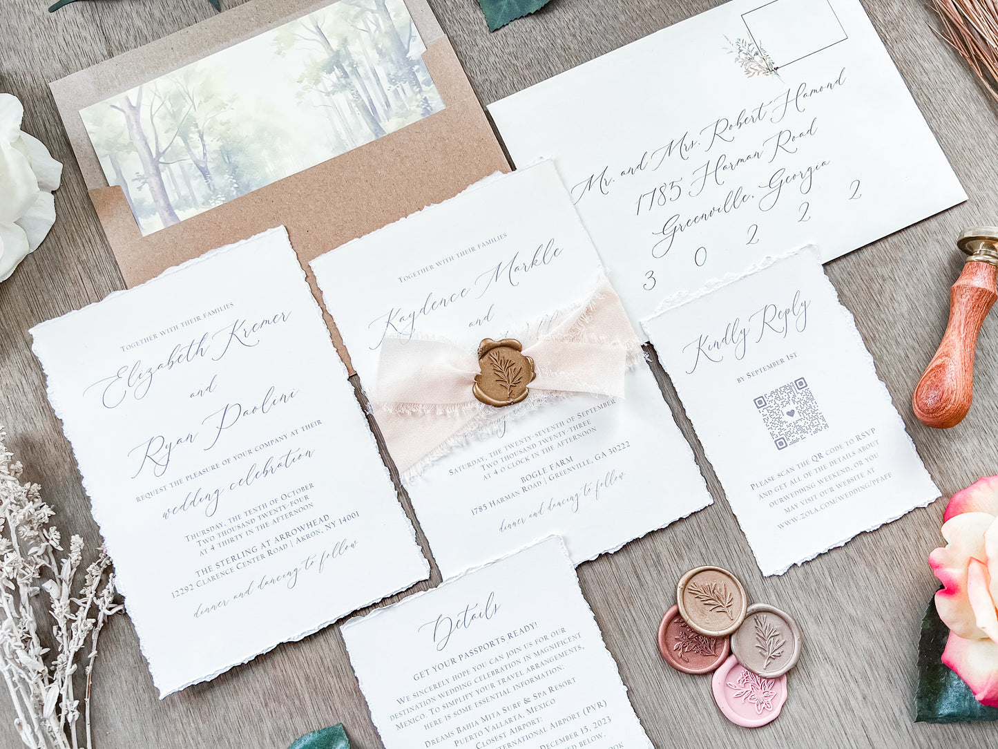 Old Money Wedding Invitation with Deckled Edging, Ribbon and Wax Seal