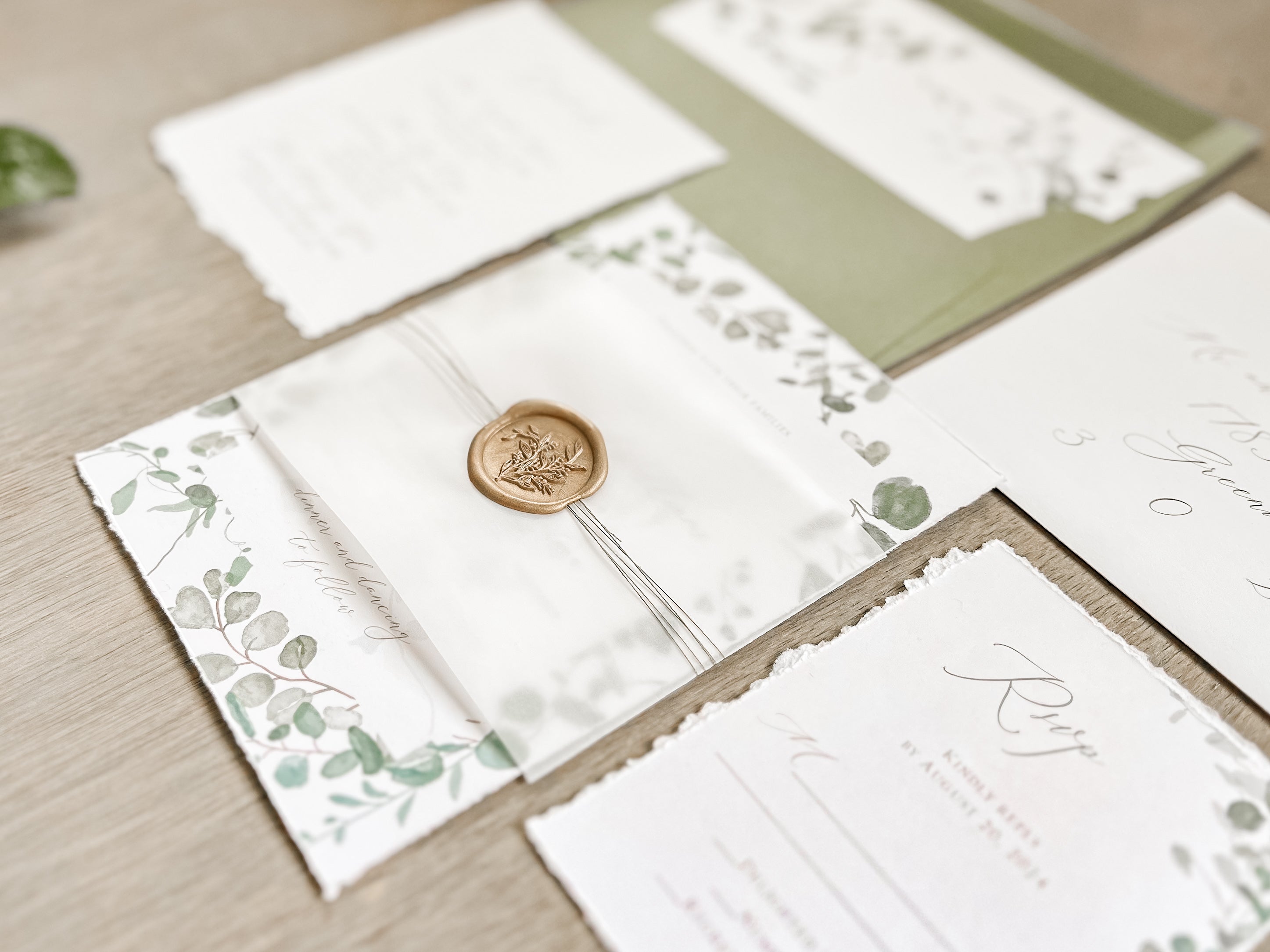 Eucalyptus Greenery Wedding Invitation with Deckled Edging, Vellum Belly Band and Wax Seal