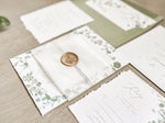 Eucalyptus Greenery Wedding Invitation with Deckled Edging, Vellum Belly Band and Wax Seal