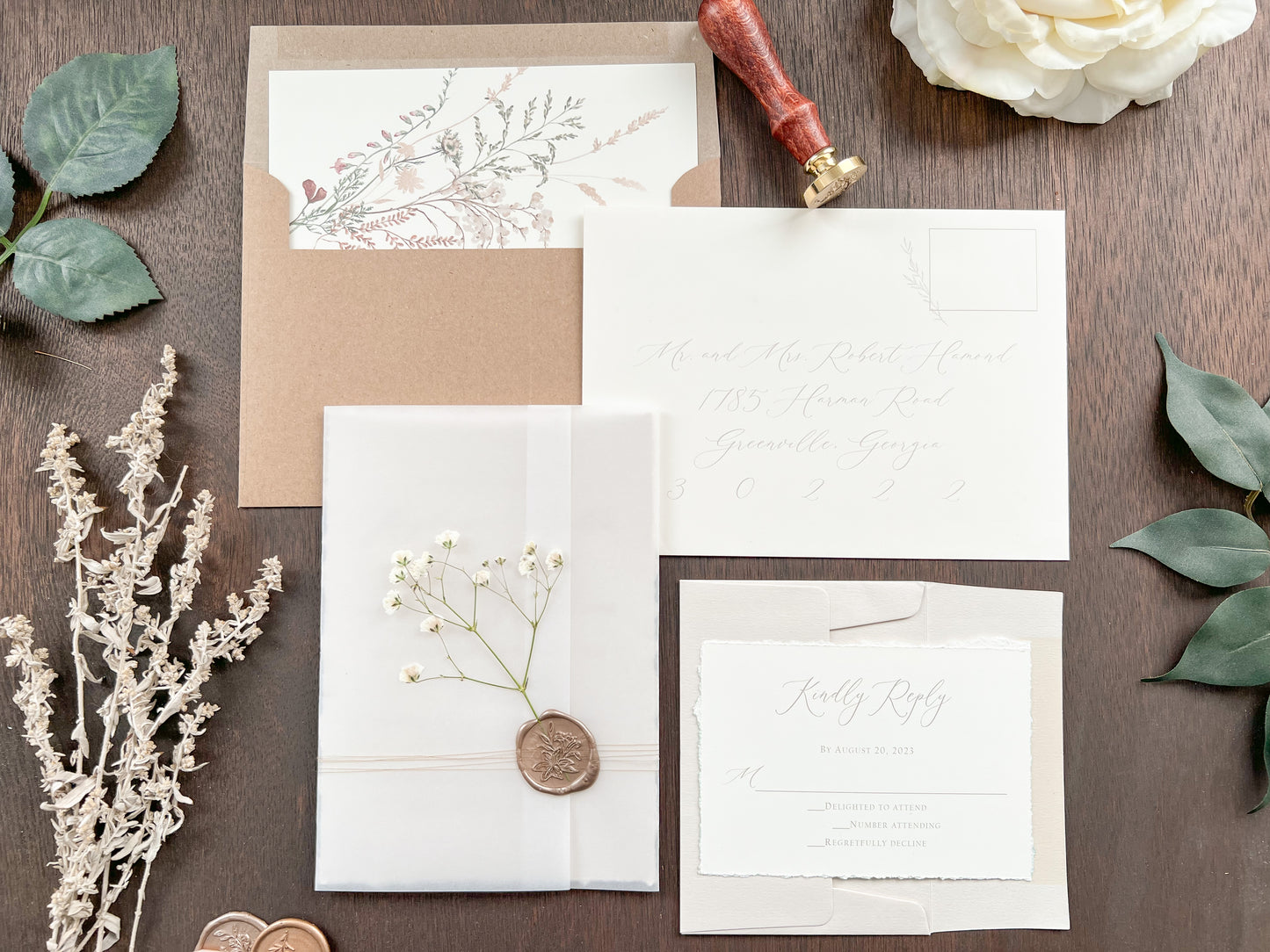 Beige Wedding Invitation with Baby’s Breath, Deckled Edging, Vellum Wrap and Wax Seal