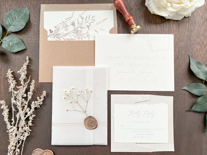Beige Wedding Invitation with Baby’s Breath, Deckled Edging, Vellum Wrap and Wax Seal