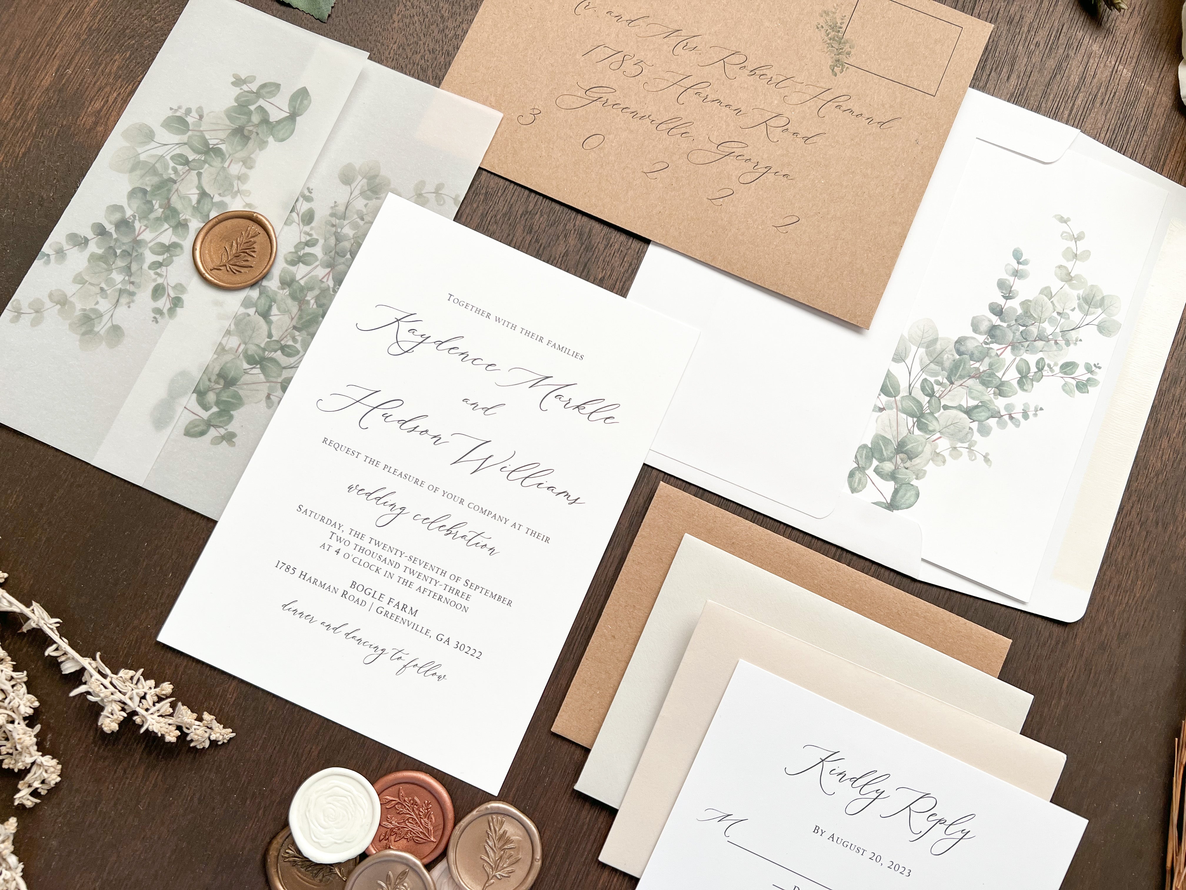 Eucalyptus Vellum Wedding Invitation with Antique Gold Wax Seal