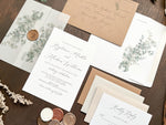 Eucalyptus Vellum Wedding Invitation with Antique Gold Wax Seal