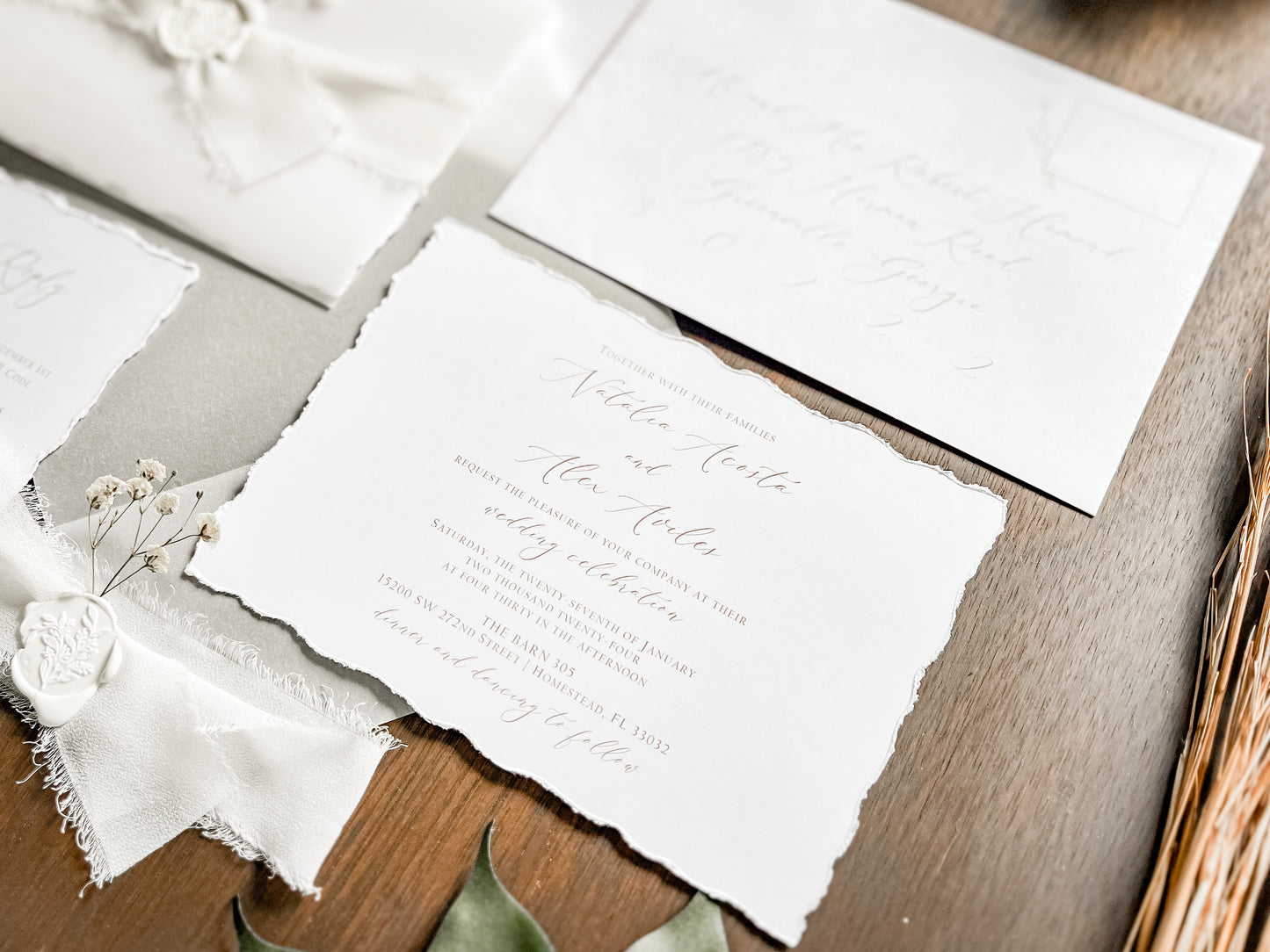 White Baby’s Breath Wedding Invitation with Deckled Edging, QR code RSVP, Vellum, Chiffon Ribbon and Wax Seal