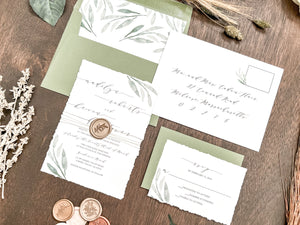 Greenery Deckled Edge Wedding Invitation with Wax Seal & Thread