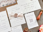 Neutral Wedding Invitation with Deckled Edging, Chiffon Ribbon and Nude Wax Seal
