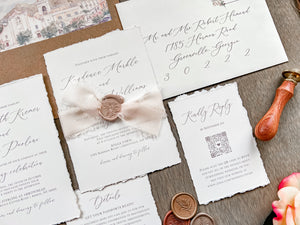 Neutral Wedding Invitation with Deckled Edging, Chiffon Ribbon and Nude Wax Seal