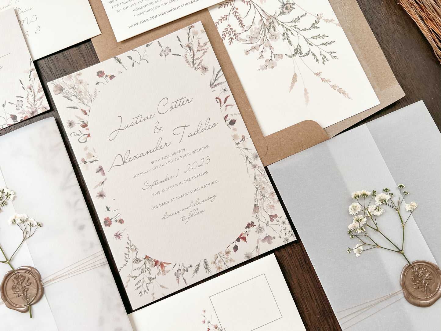 Baby’s Breath Wedding Invitation with Deckled Edging, Vellum Wrap and Wax Seal