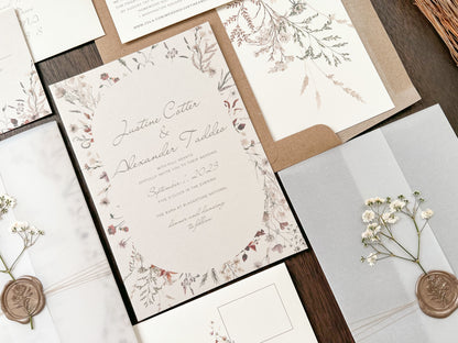 Baby’s Breath Wedding Invitation with Deckled Edging, Vellum Wrap and Wax Seal