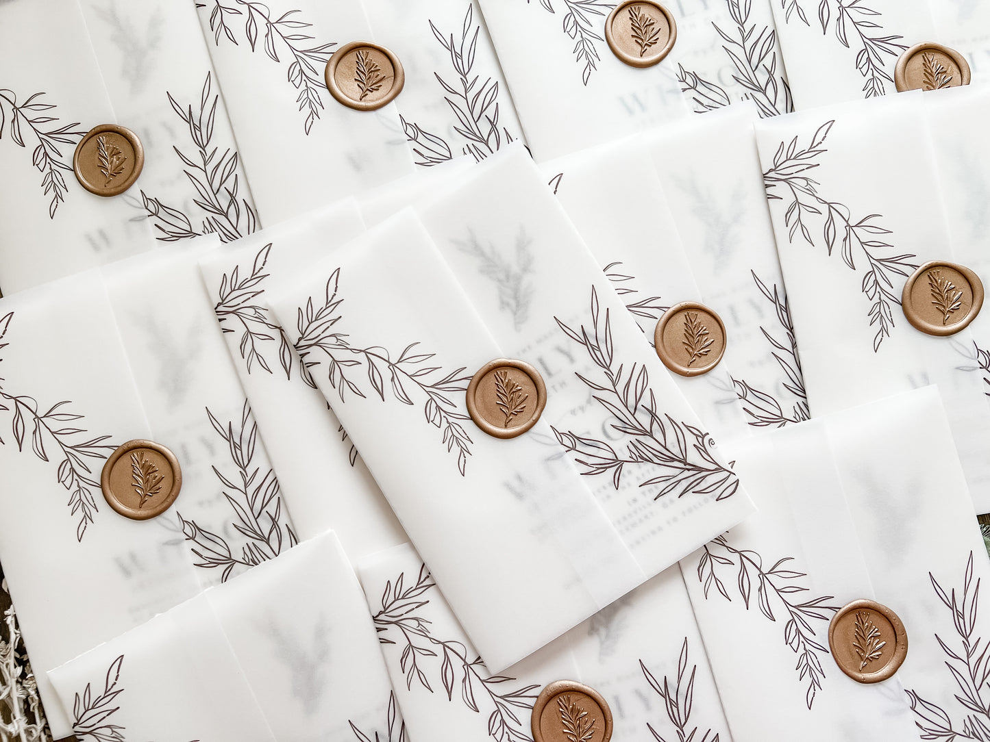 Contemporary Modern Boho Wedding Invitation with Deckled Edging, Vellum and Antique Gold Wax Seal