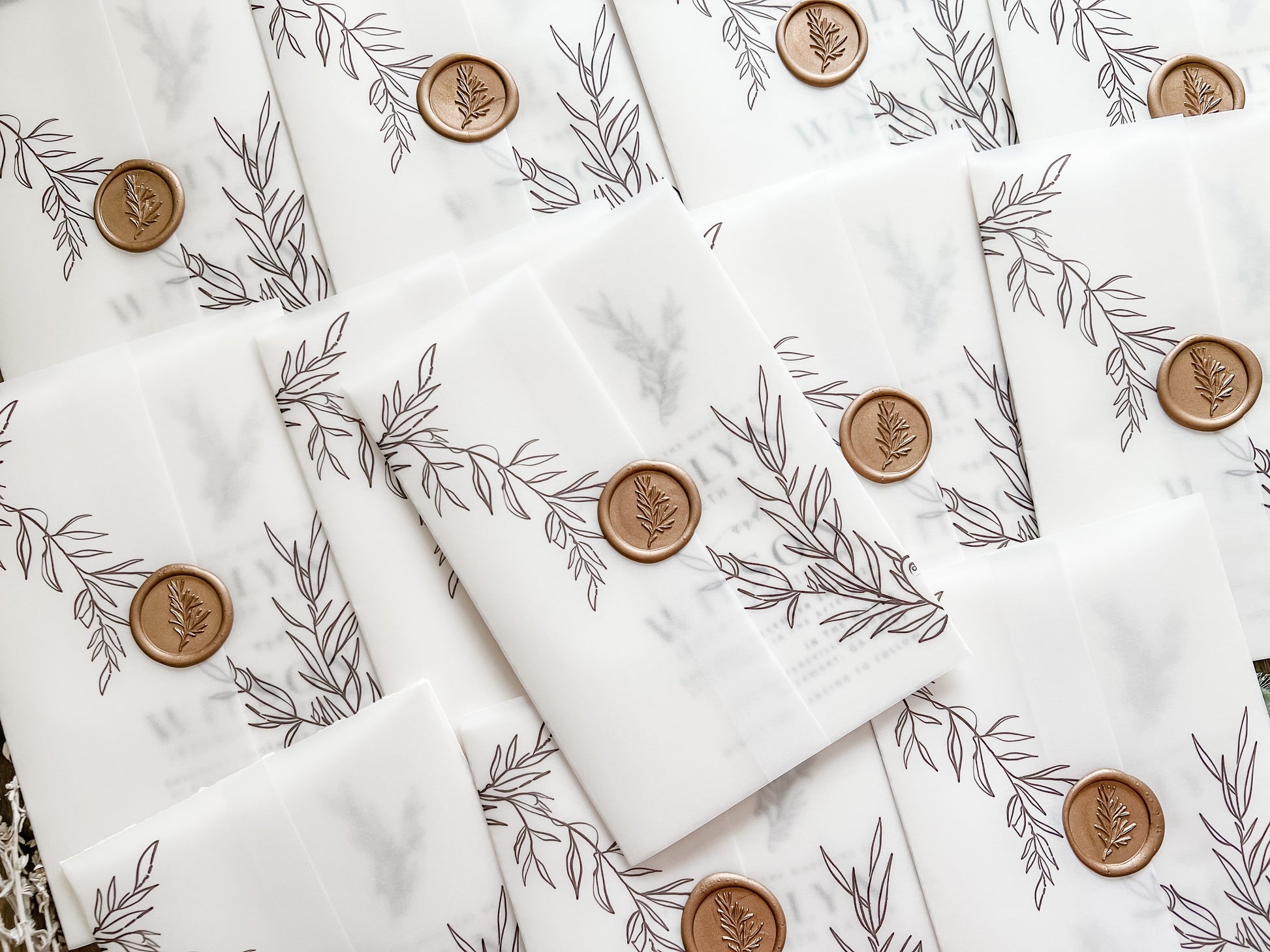 Contemporary Modern Boho Wedding Invitation with Deckled Edging, Vellum and Antique Gold Wax Seal