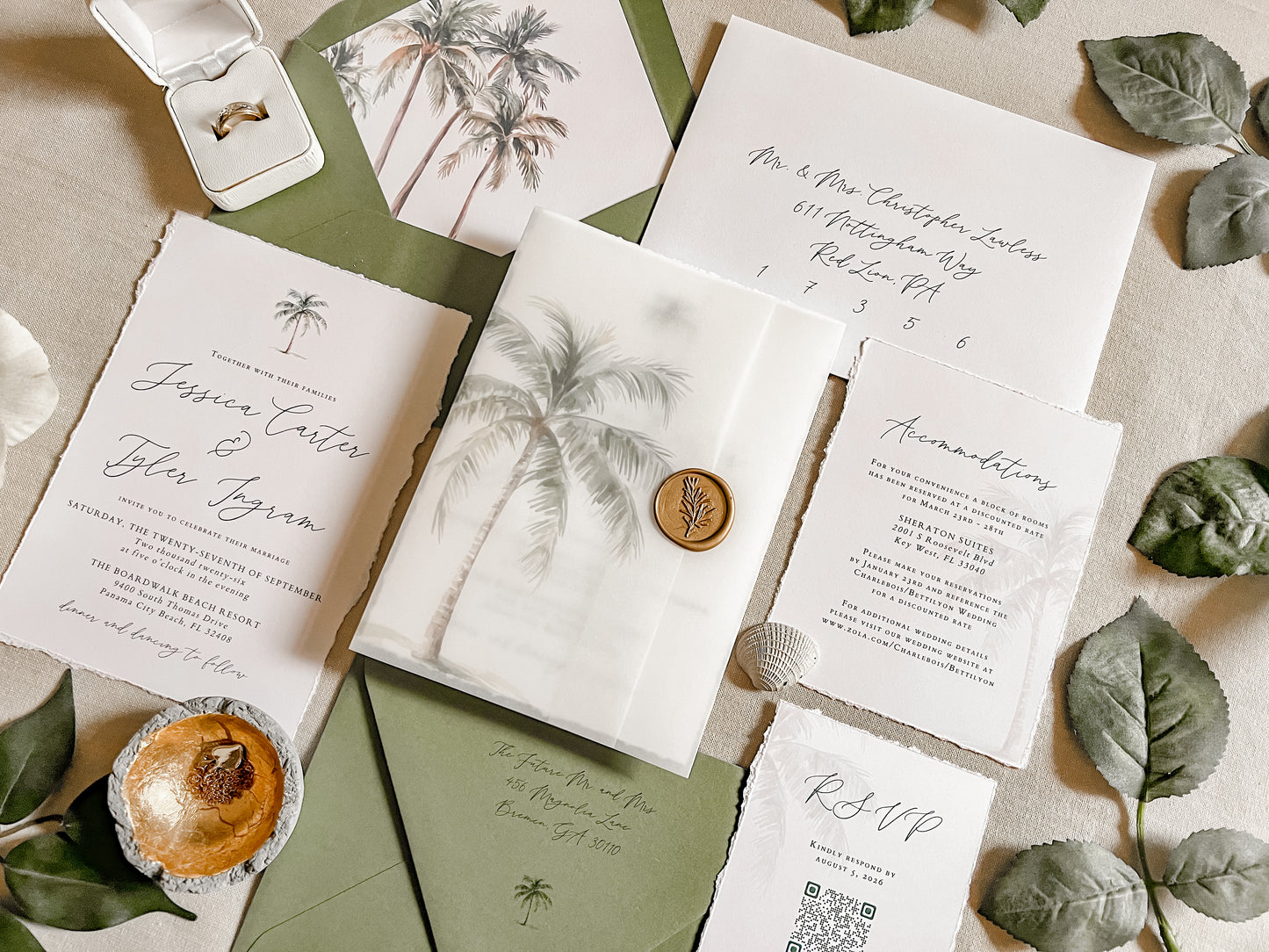 Tropical Wedding Invitation with Palm Tree, Vellum & Wax Seal