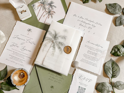 Tropical Wedding Invitation with Palm Tree, Vellum & Wax Seal