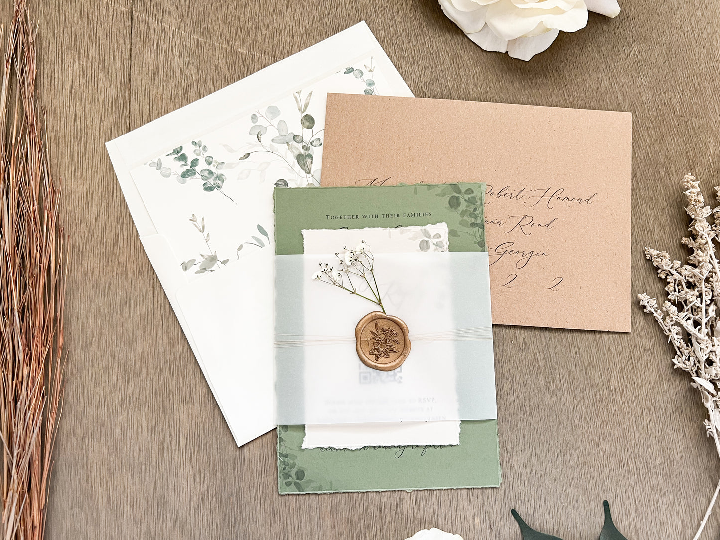 Sage Green and Baby’s Breath Wedding Invitation with Deckled Edging, Vellum Belly Band and Wax Seal