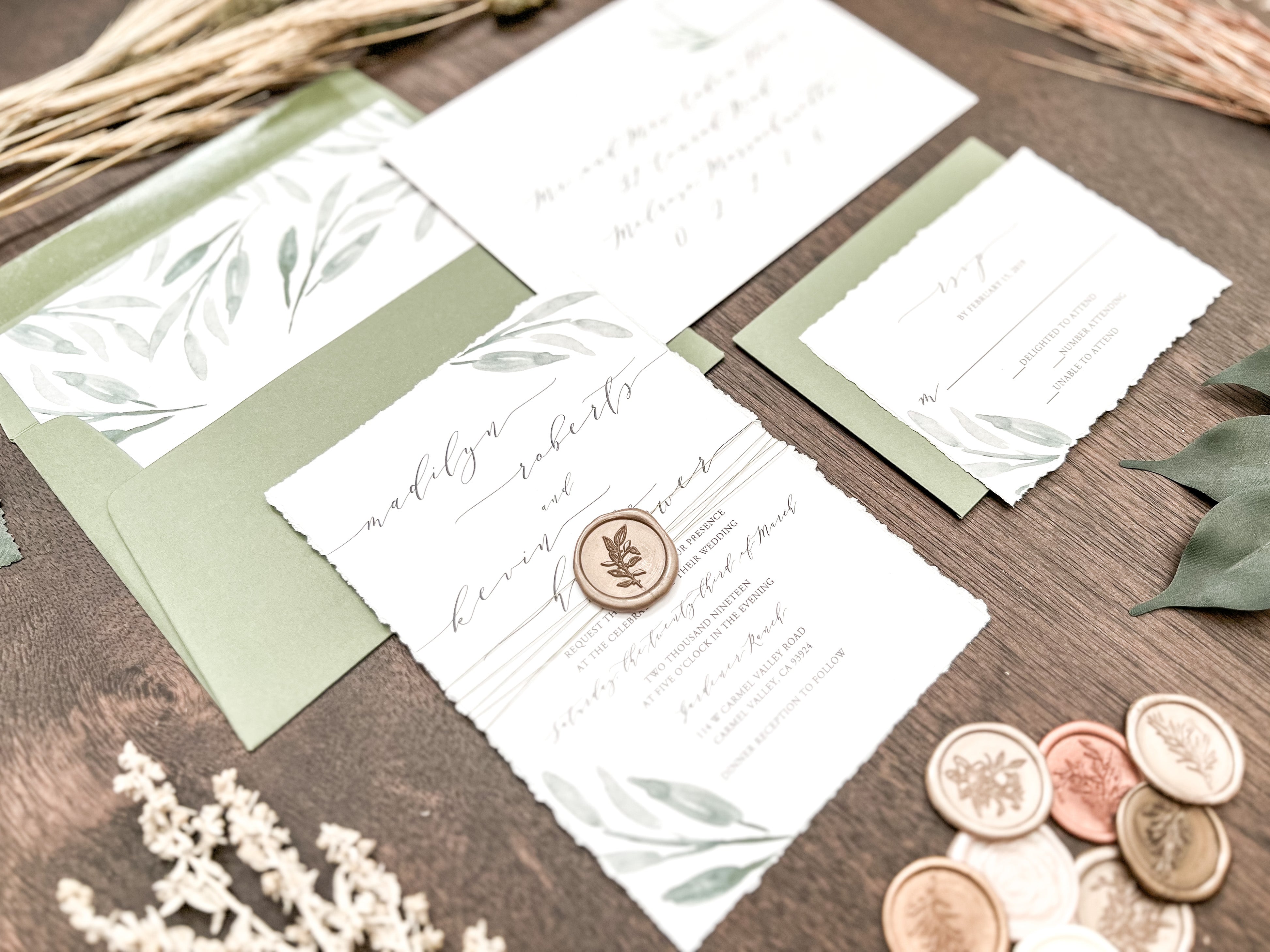 Greenery Deckled Edge Wedding Invitation with Wax Seal & Thread