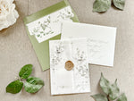 Greenery Wreath Wedding Invitation with Eucalyptus Vellum, Deckled Edging & Wax Seal