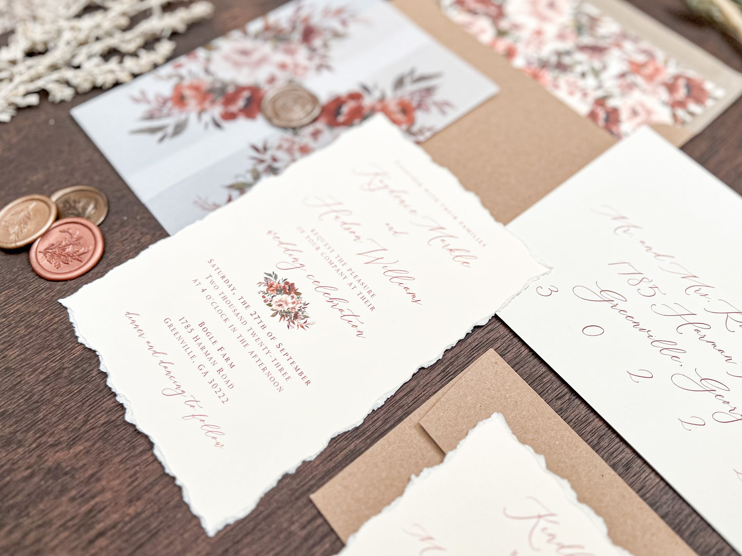 Boho Wedding Invitation with Copper, Rust Burnt Orange Flowers, Deckled Edging, Vellum & Wax Seal