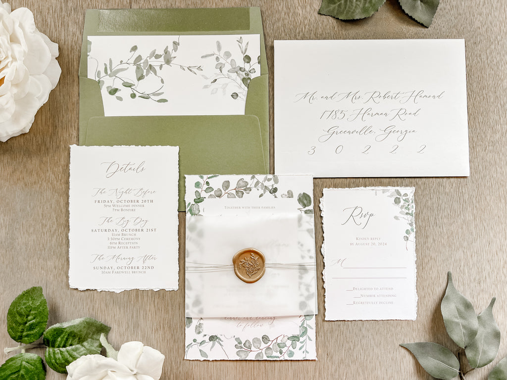 Eucalyptus Greenery Wedding Invitation with Deckled Edging, Vellum Belly Band and Wax Seal