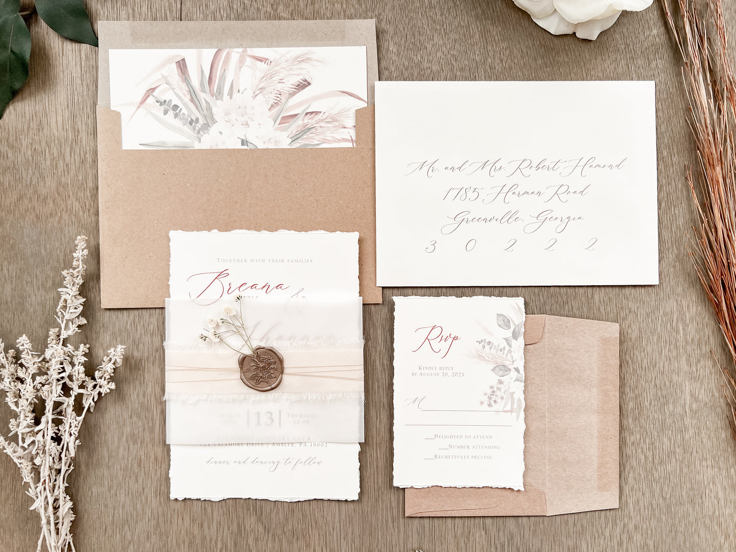 Floral Pampas Grass Wedding Invitation with Deckled Edging, Vellum Belly Band, Chiffon Ribbon, Dried Baby’s Breath and Wax Seal