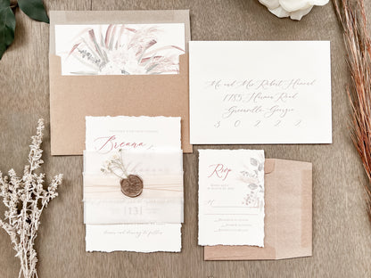 Floral Pampas Grass Wedding Invitation with Deckled Edging, Vellum Belly Band, Chiffon Ribbon, Dried Baby’s Breath and Wax Seal