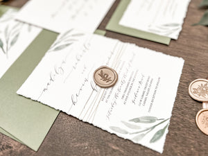 Greenery Deckled Edge Wedding Invitation with Wax Seal & Thread