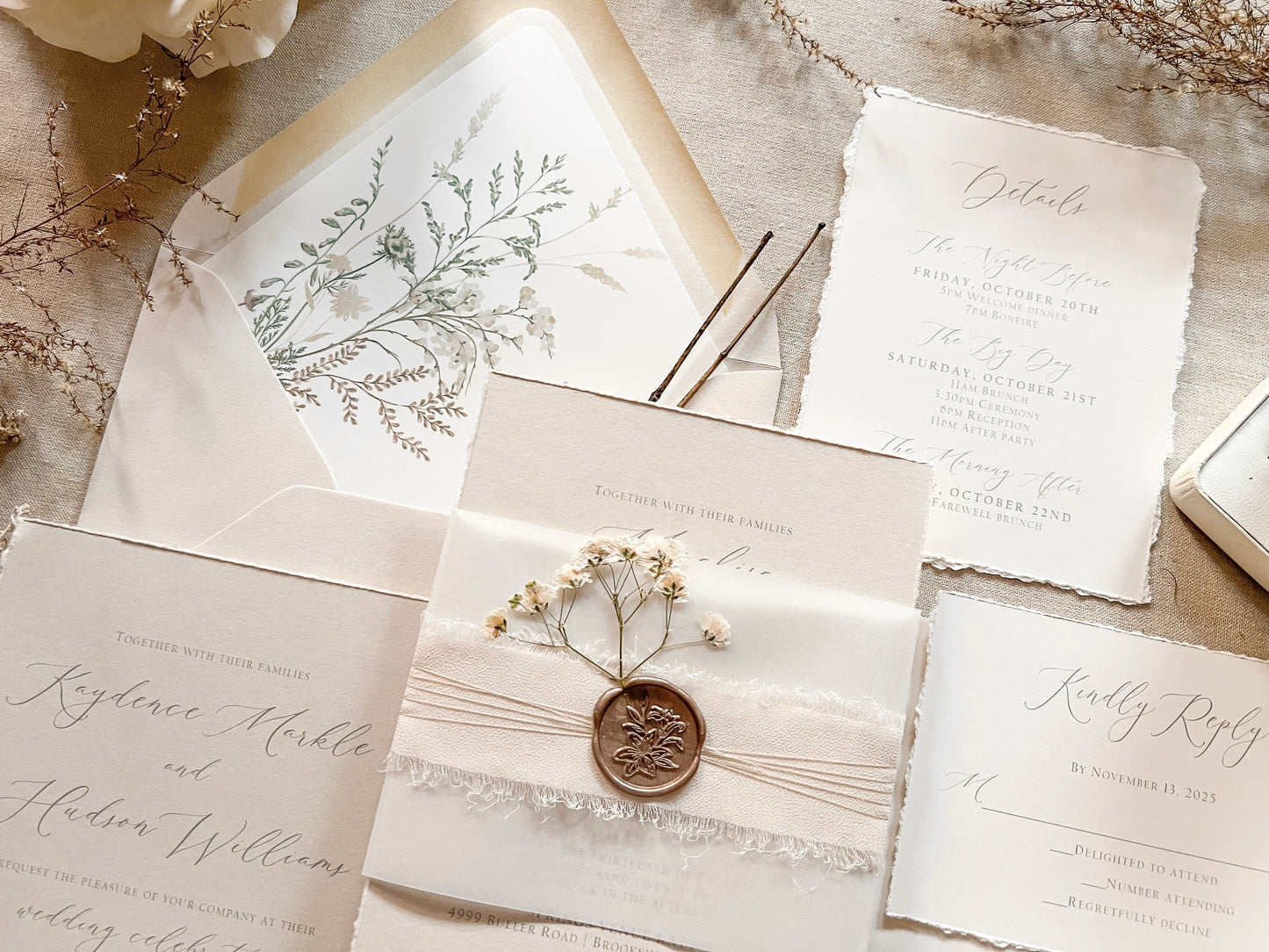 Neutral Wedding Invitation with Deckled Edging, Vellum Belly Band, Chiffon Ribbon