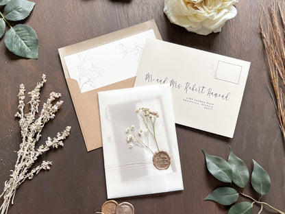 Baby’s Breath Wedding Invitation with Deckled Edging, Vellum Wrap and Wax Seal