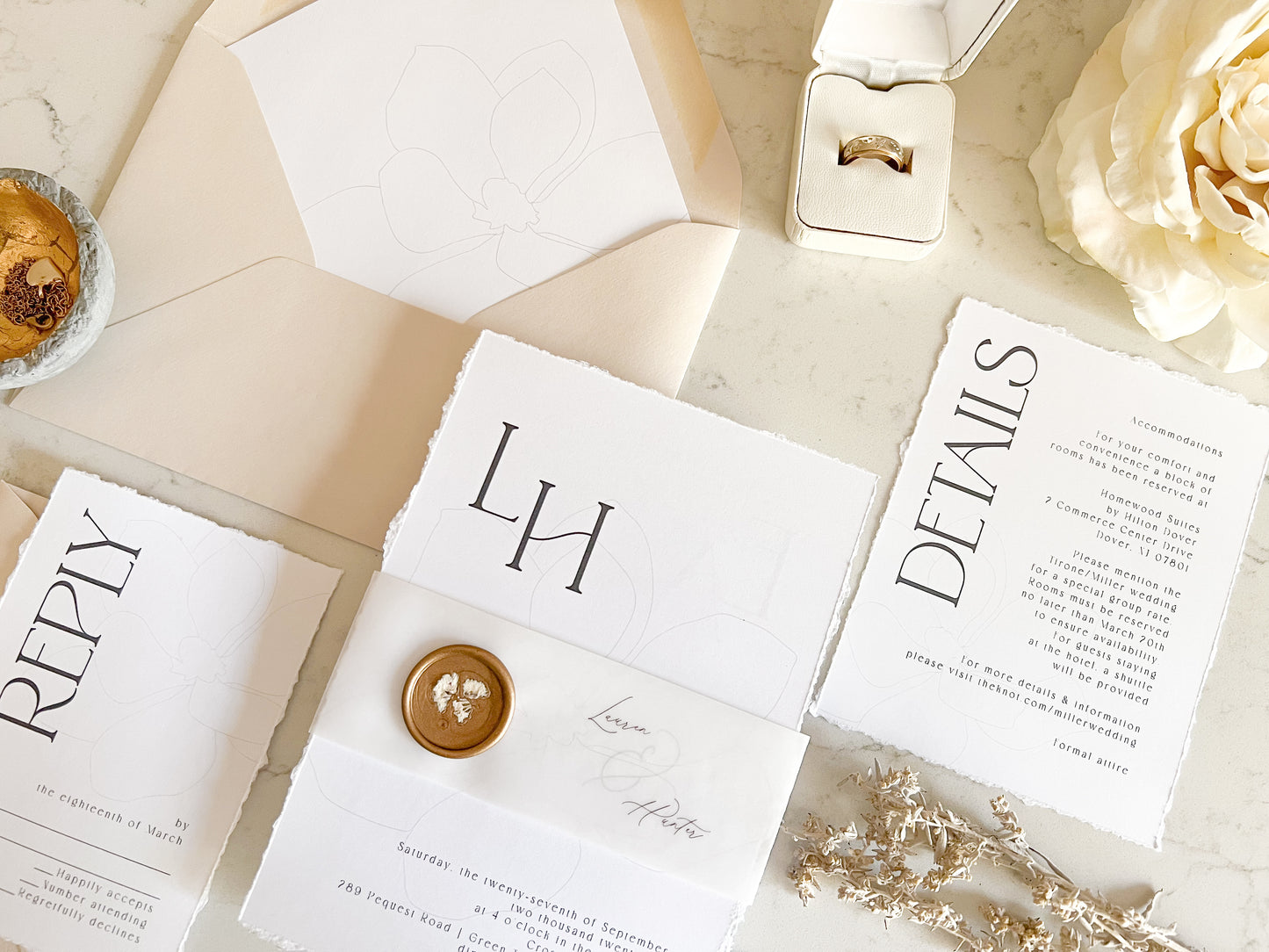 Modern Magnolia Wedding Invitation with Vellum & Wax seal
