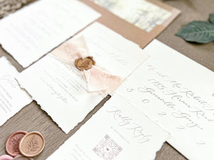 Old Money Wedding Invitation with Deckled Edging, Chiffon Ribbon and Wax Seal