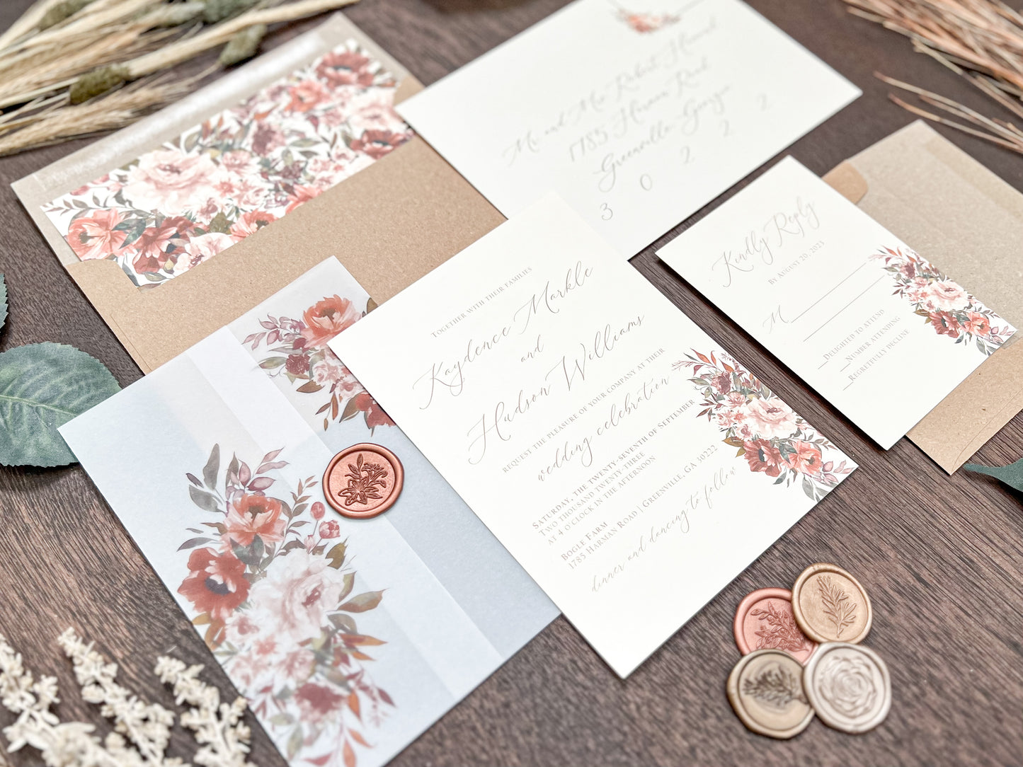 Copper Boho Wedding Invitation with Burnt Orange, Terracotta & Blush Flowers, wrapped in Vellum & Wax Seal