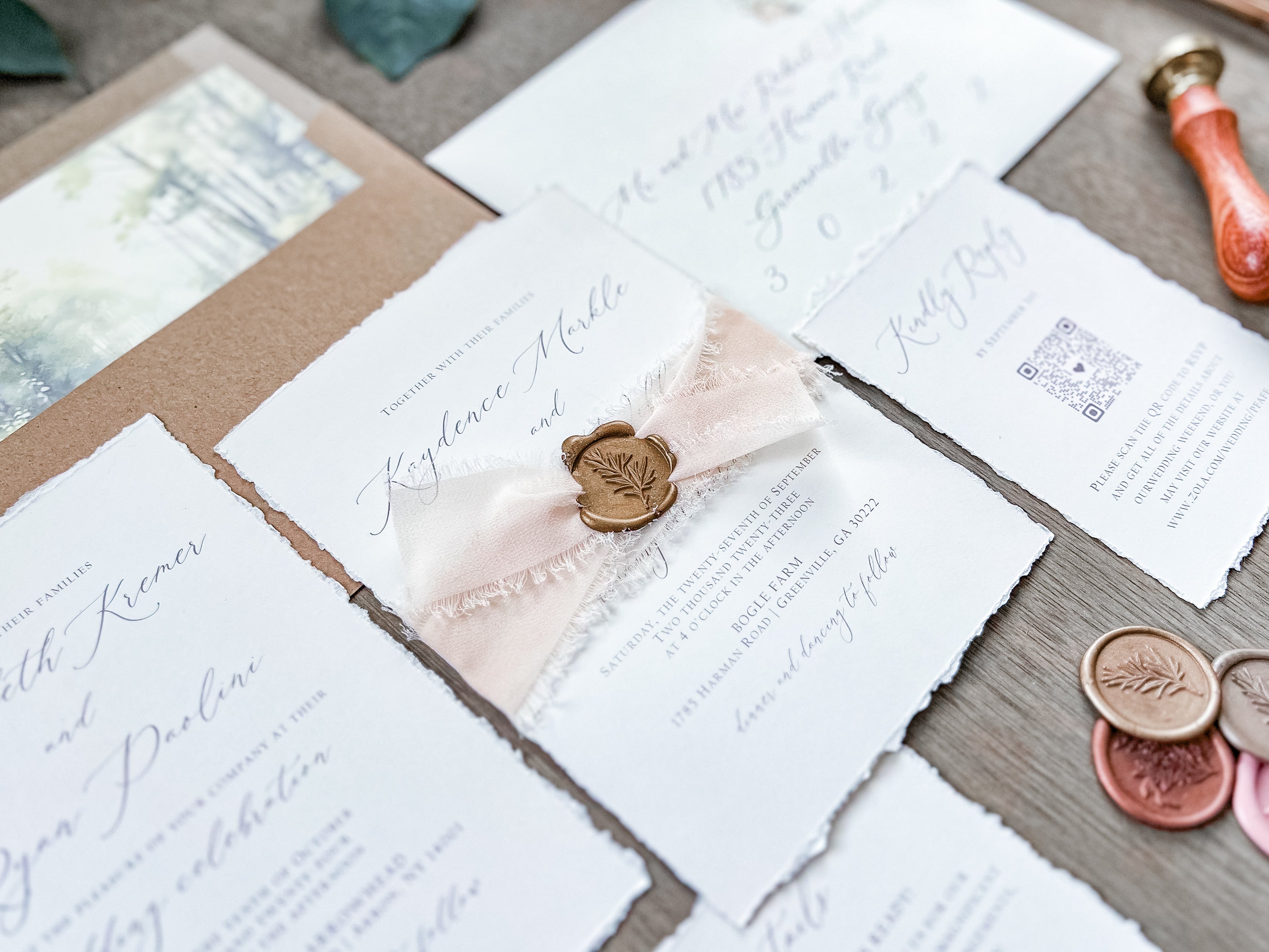 Old Money Wedding Invitation with Deckled Edging, Chiffon Ribbon and Wax Seal