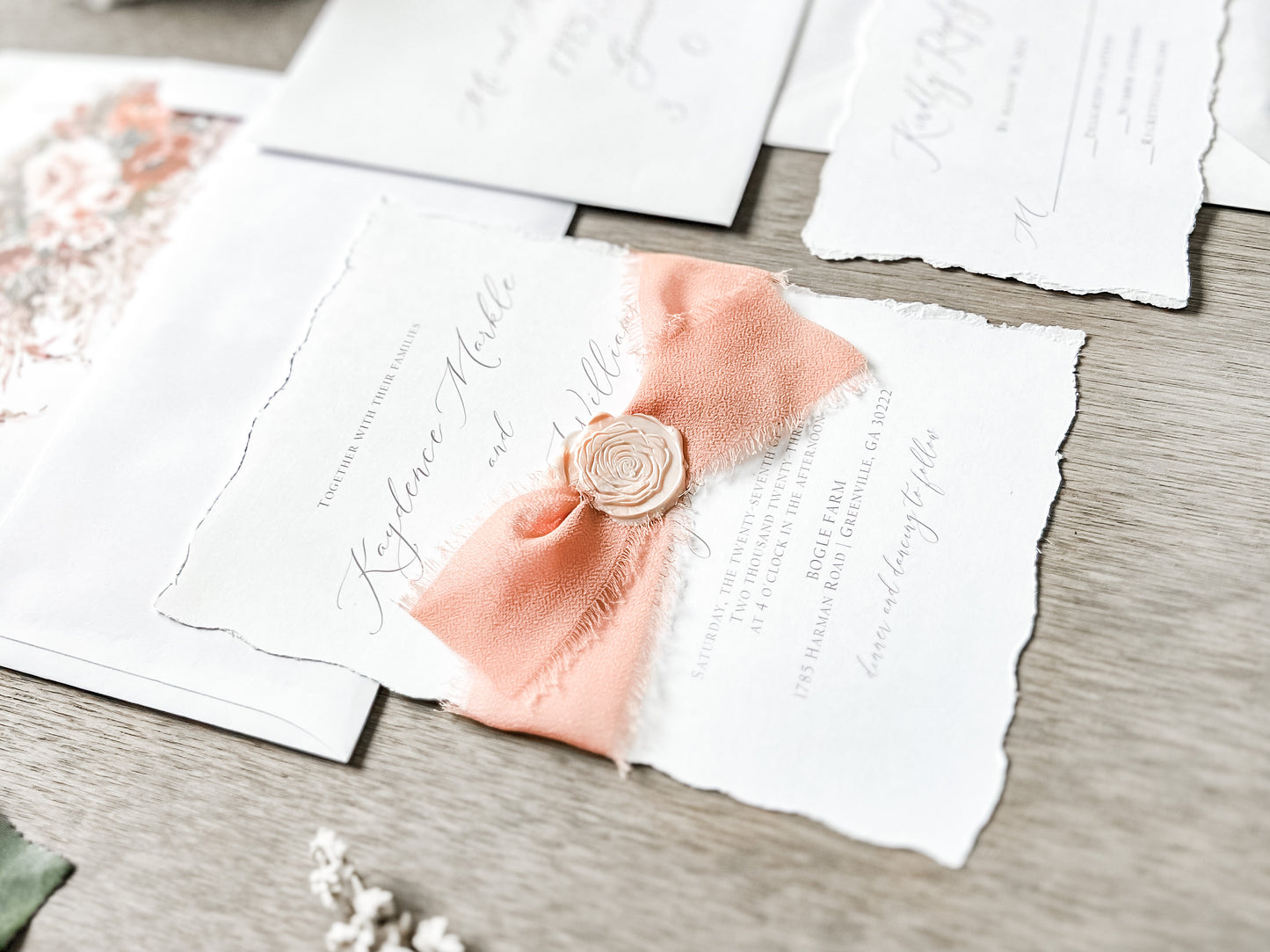 Rose Gold Ribbon Wedding Invitation with Deckled Edging and Blush Pink Wax Seal