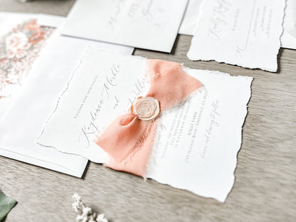 Rose Gold Ribbon Wedding Invitation with Deckled Edging and Blush Pink Wax Seal