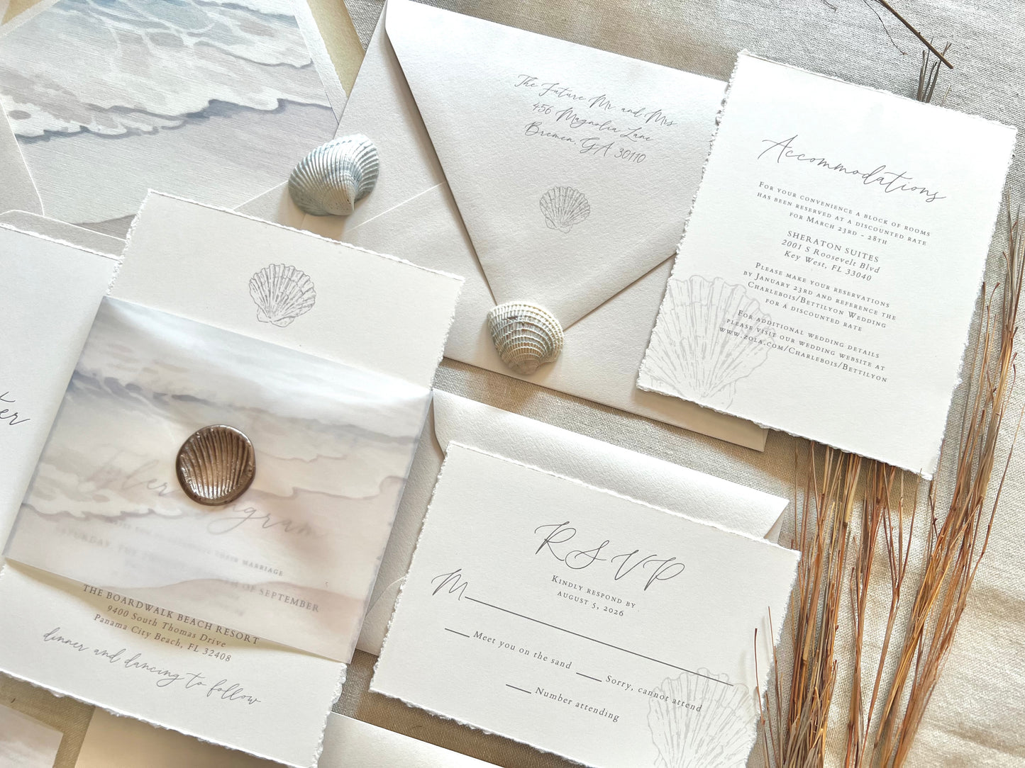 Ocean Waves Beach Wedding Invitation with Vellum & Wax Seal