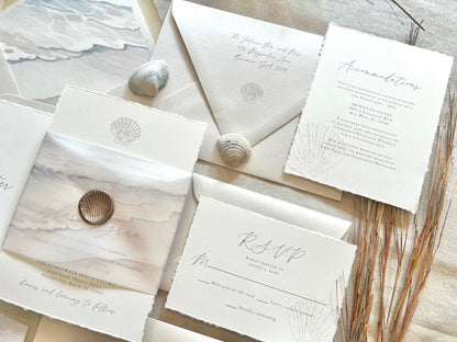 Ocean Waves Beach Wedding Invitation with Vellum & Wax Seal