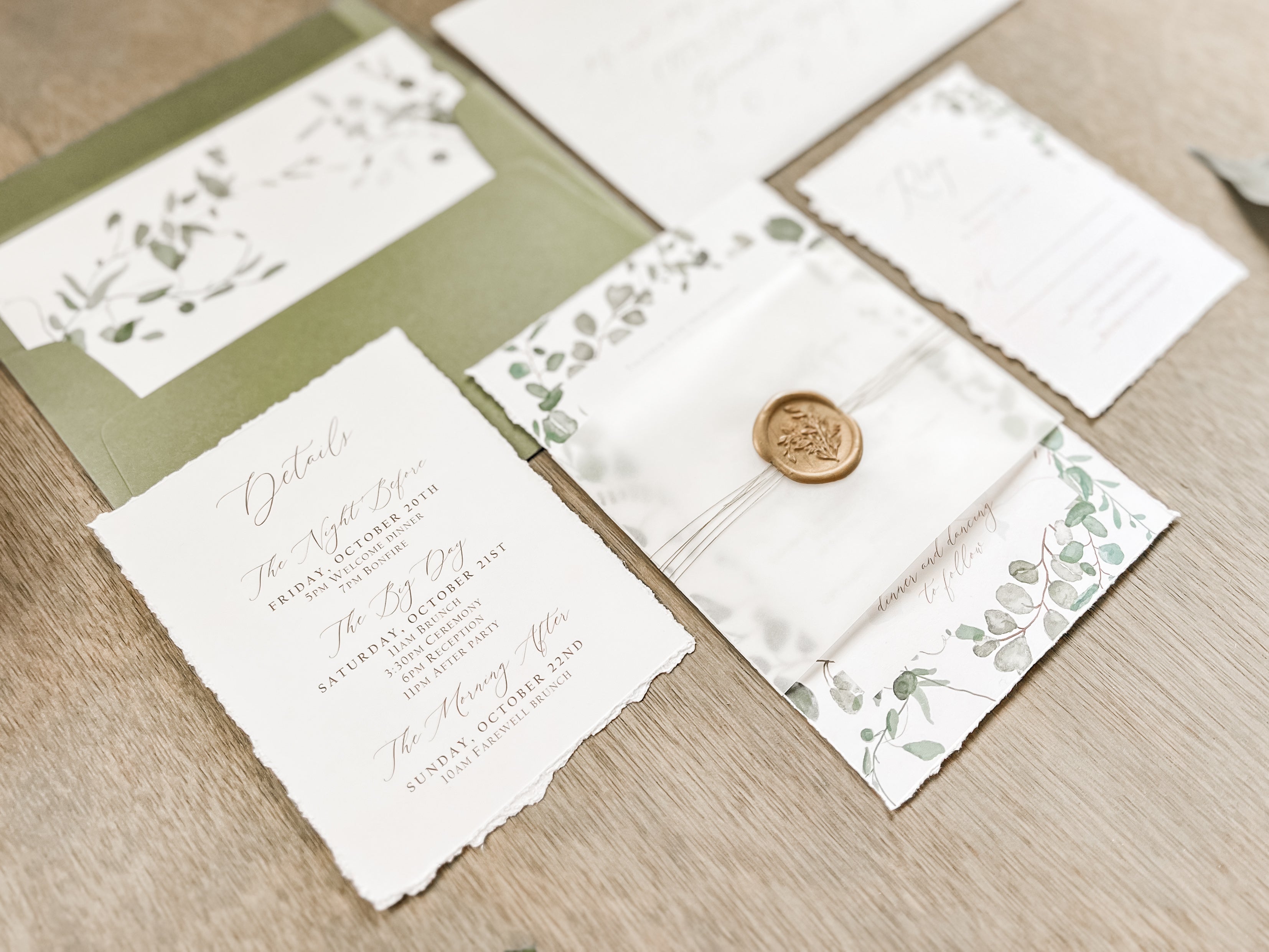 Eucalyptus Greenery Wedding Invitation with Deckled Edging, Vellum Belly Band and Wax Seal