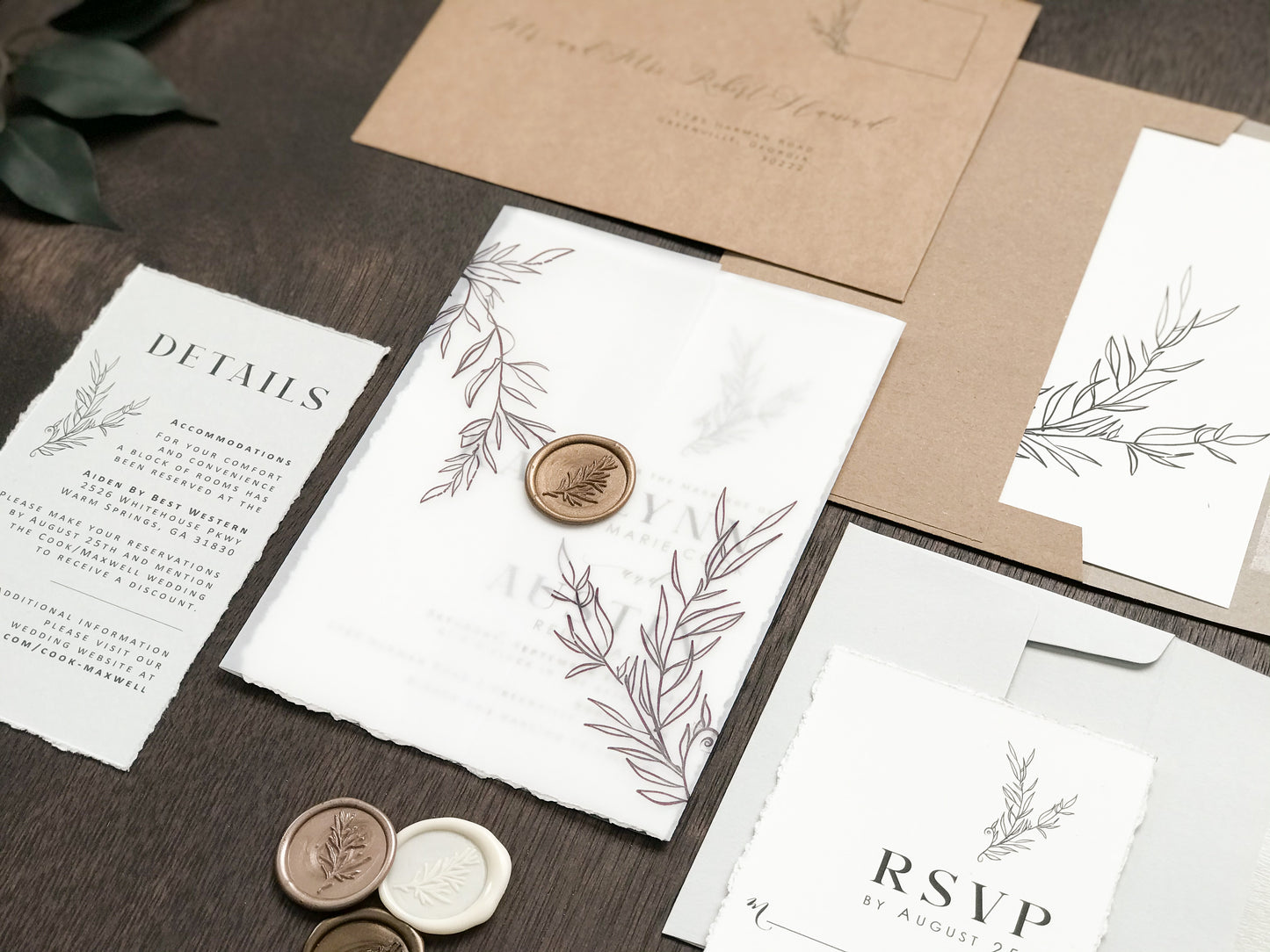 Contemporary Modern Boho Wedding Invitation with Deckled Edging, Vellum and Antique Gold Wax Seal