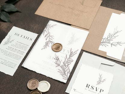 Contemporary Modern Boho Wedding Invitation with Deckled Edging, Vellum and Antique Gold Wax Seal