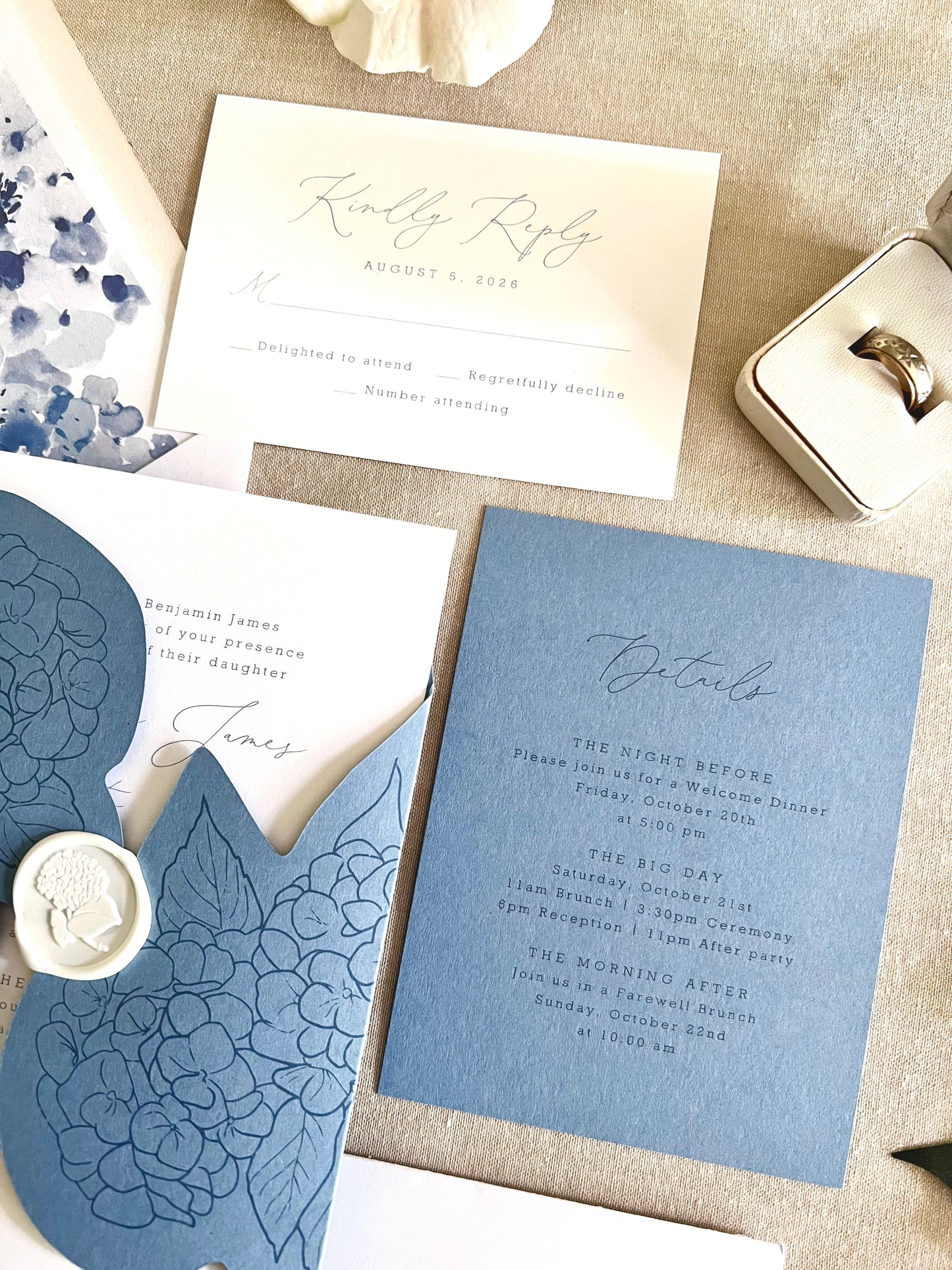 Hydrangea Wedding Invitation with Die Cut Wrap & Wax Seal