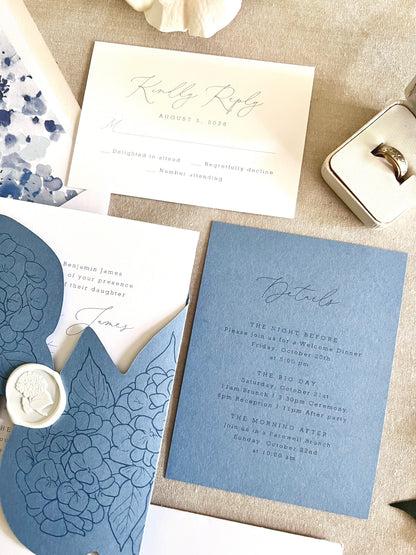 Hydrangea Wedding Invitation with Die Cut Wrap & Wax Seal