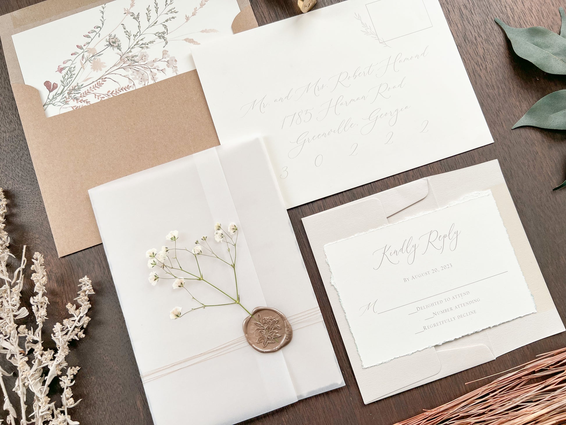 Baby’s Breath Wedding Invitation with Deckled Edging, Vellum Wrap and Wax Seal