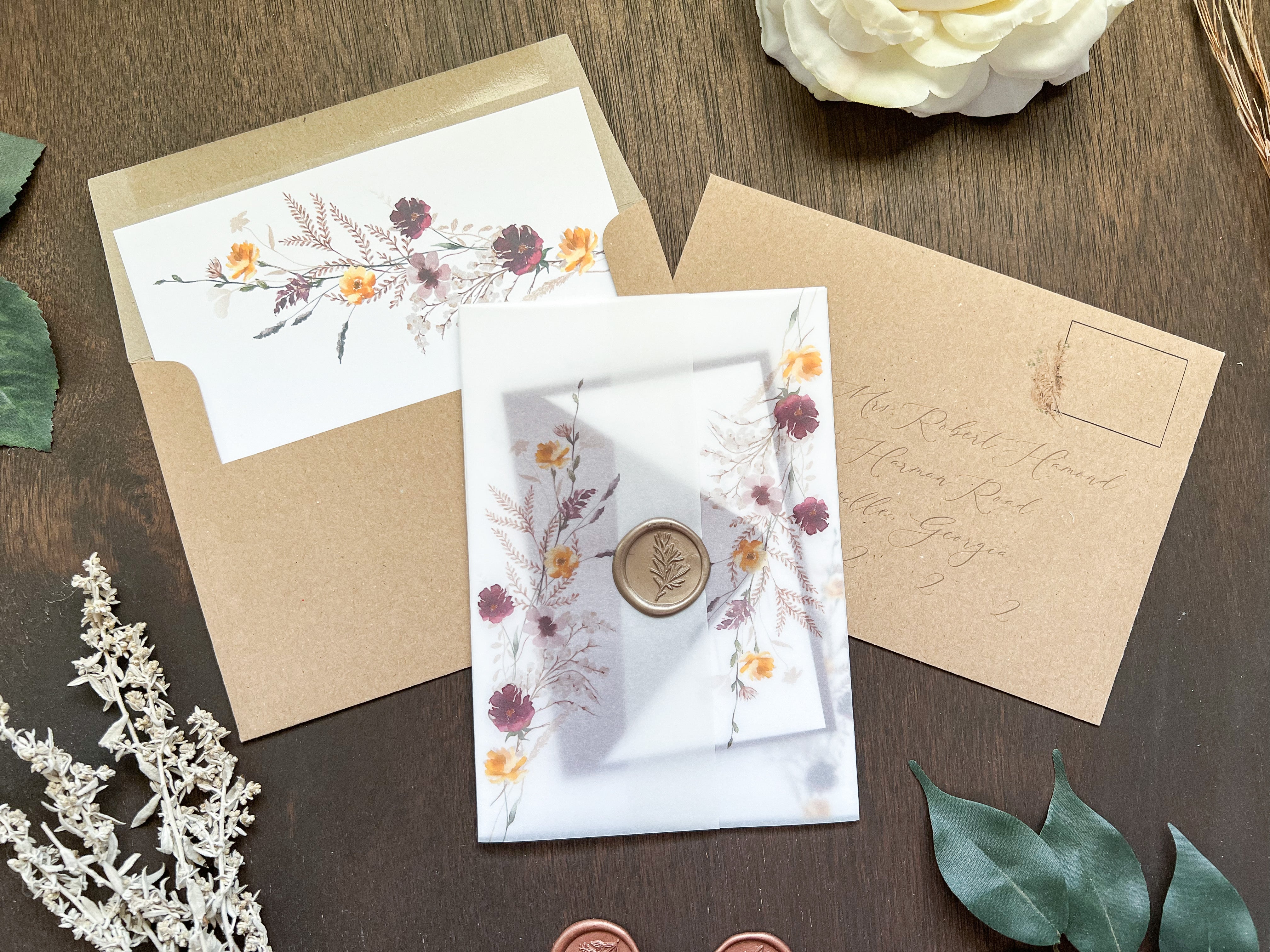 Plum and Yellow Gold Wildflower Vellum Wedding Invitation with Wax Seal