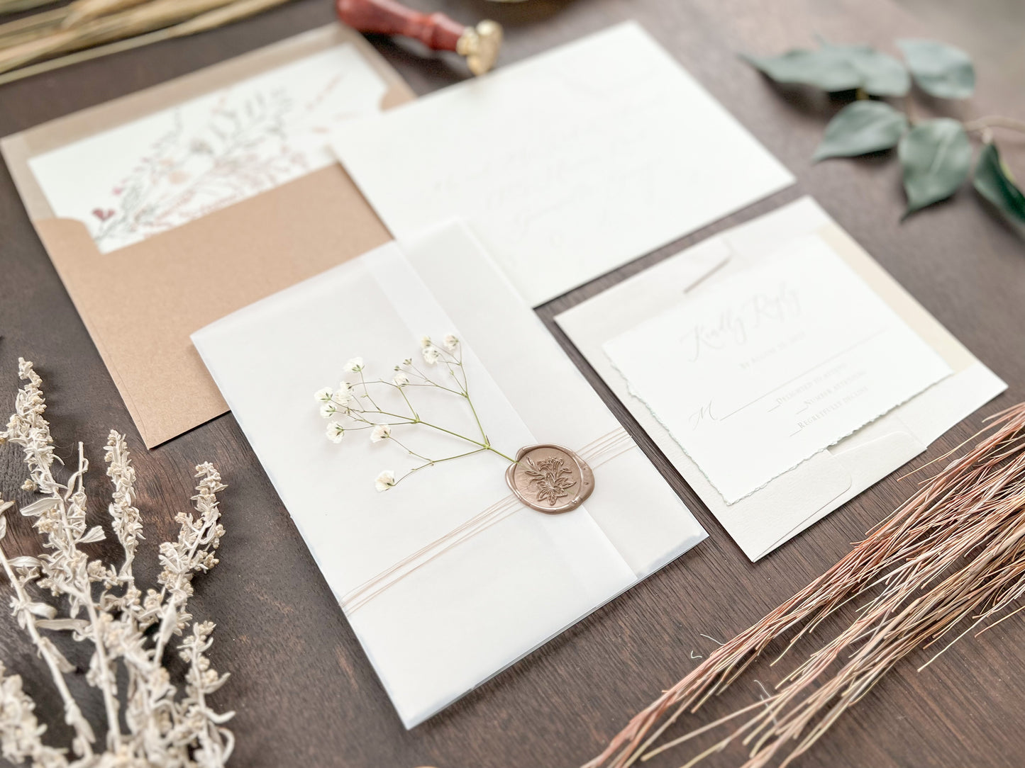 Beige Wedding Invitation with Baby’s Breath, Deckled Edging, Vellum Wrap and Wax Seal