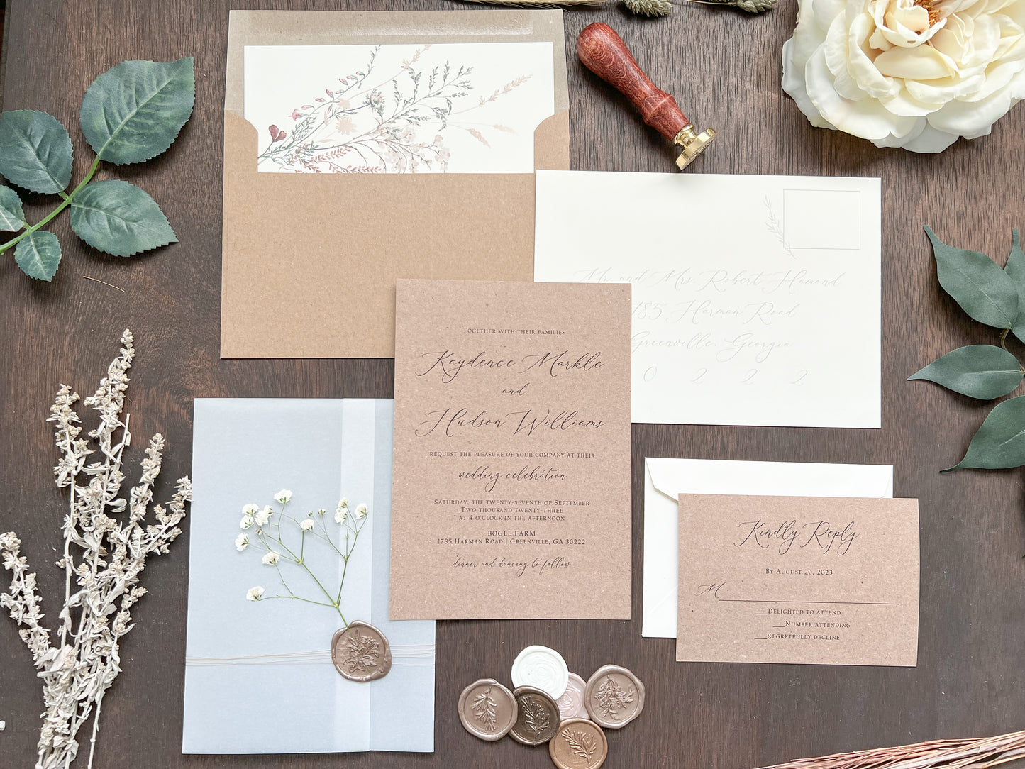 Rustic Baby’s Breath Wedding Invitation with Vellum Wrap and Wax Seal