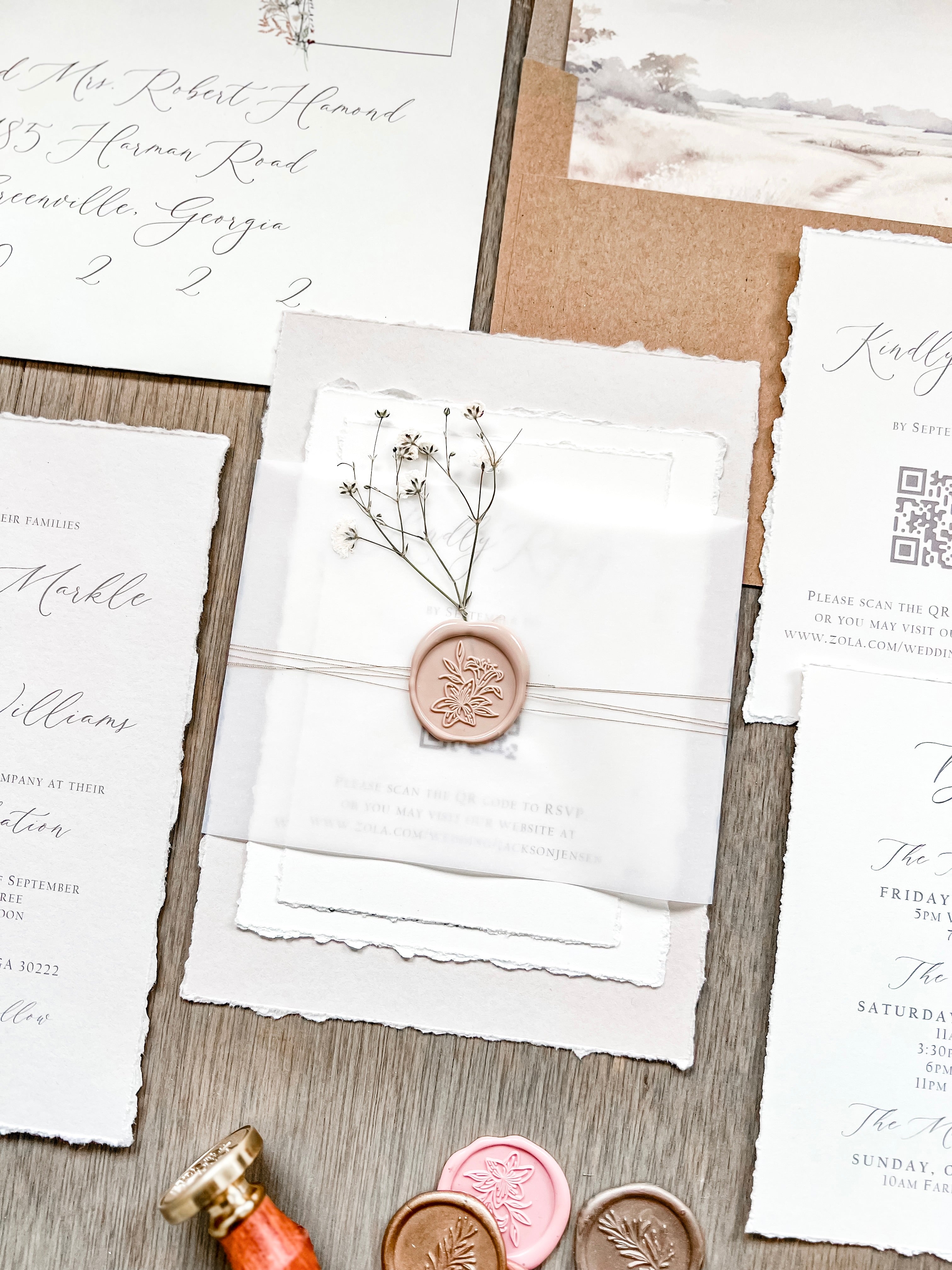 Neutral Wedding Invitation with Baby’s Breath, Deckled Edging, Vellum Belly Band and Wax Seal