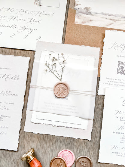 Neutral Wedding Invitation with Baby’s Breath, Deckled Edging, Vellum Belly Band and Wax Seal