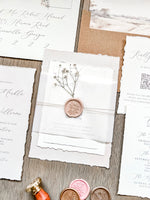Neutral Wedding Invitation with Baby’s Breath, Deckled Edging, Vellum Belly Band and Wax Seal
