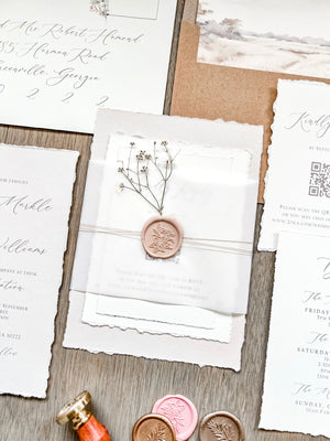 Neutral Wedding Invitation with Baby’s Breath, Deckled Edging, Vellum Belly Band and Wax Seal